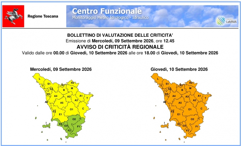 Allerta meteo codice Giallo e Arancio per il 09/09/26 e il 10/09/26: informazioni e norme di comportamento